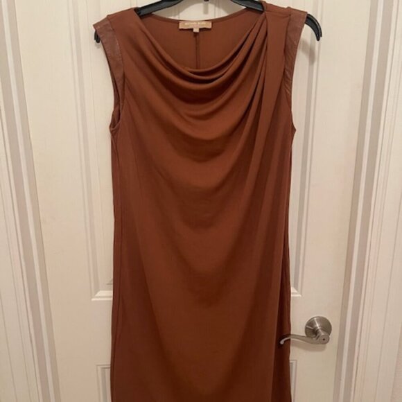 MICHAEL KORS BROWN COWL NECK LEATHER CAP SLEEVE DRESS  MADE IN ITALY WOMEN'S 10 - Picture 1 of 16